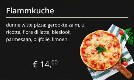 Flammkuche dunne witte pizza: gerookte zalm, ui, ricotta, fiore di latte, bieslook, € 14,00 parmesaan, olijfolie, limoen